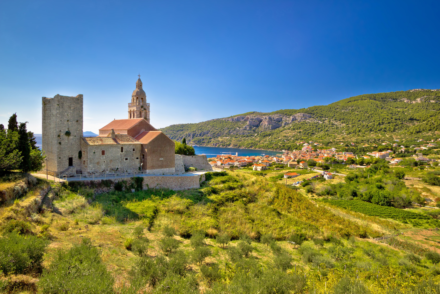 Town of Komiza on Vis island view, Dalmatia, Croatia