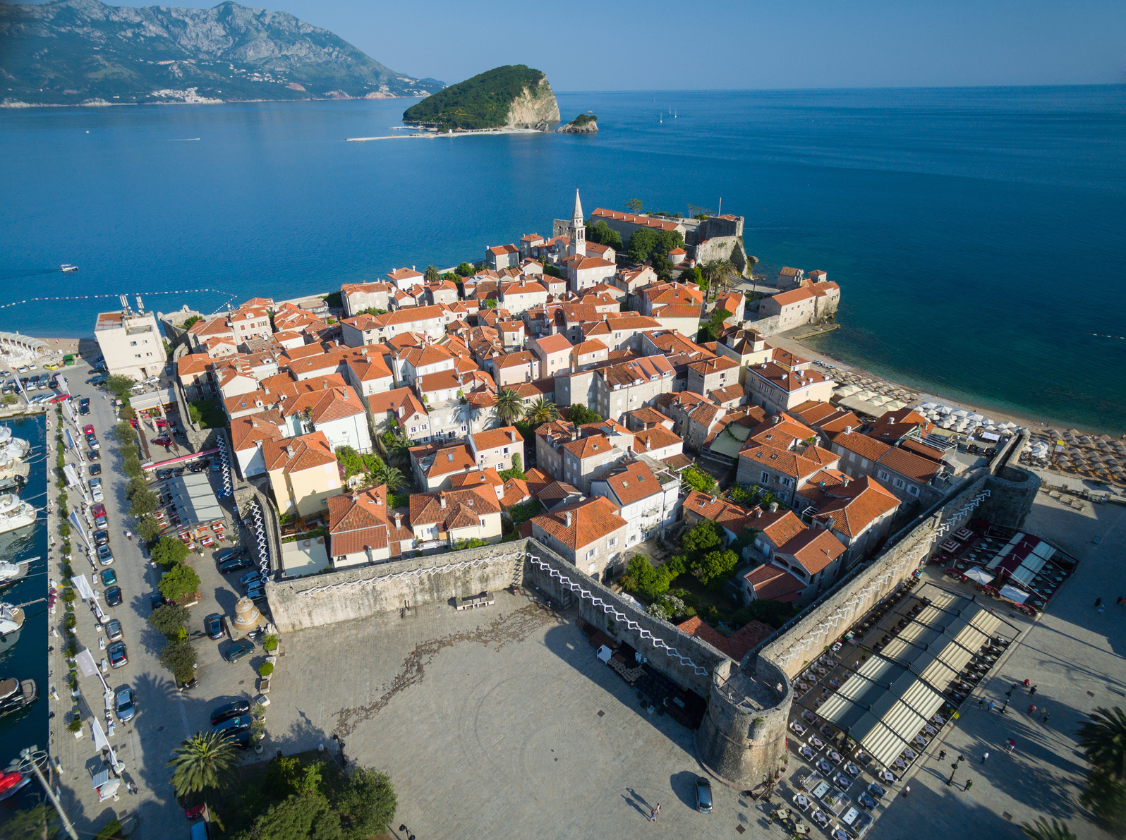 Aerial View of Old Budva. Montenegro, Balkans, Europe. Budva - One of the Most Popular Resorts of Adriatic Riviera of the Mediterranean.