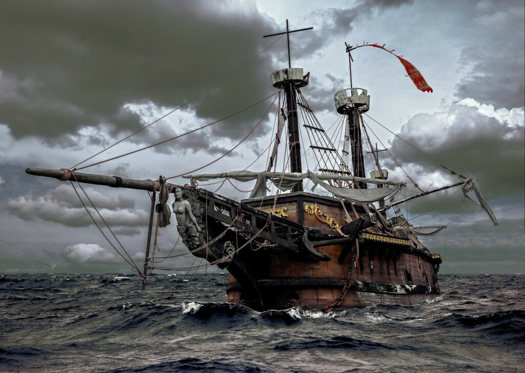 Old Wooden Prate Ship Sailing in the Storm